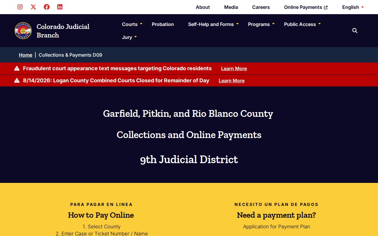 Garfield County civil court docket collections and payments page