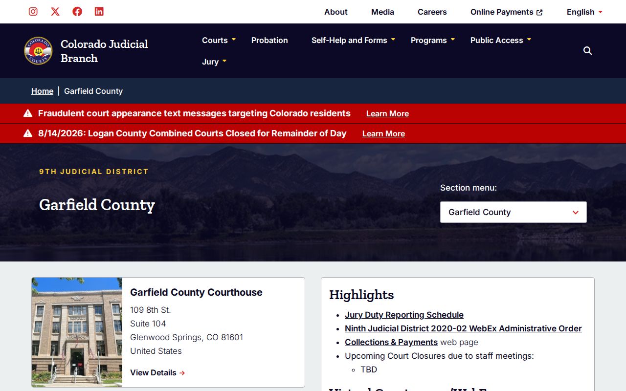 Garfield County court docket Combined Courts access page