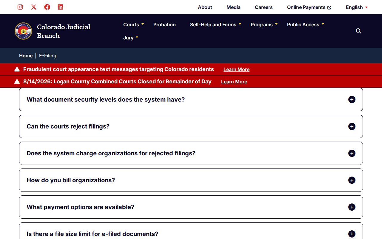 Garfield County docket search Colorado Courts E-Filing security levels