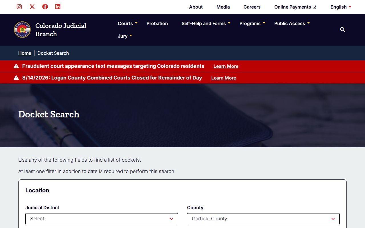 Garfield County docket search calendar filters and results