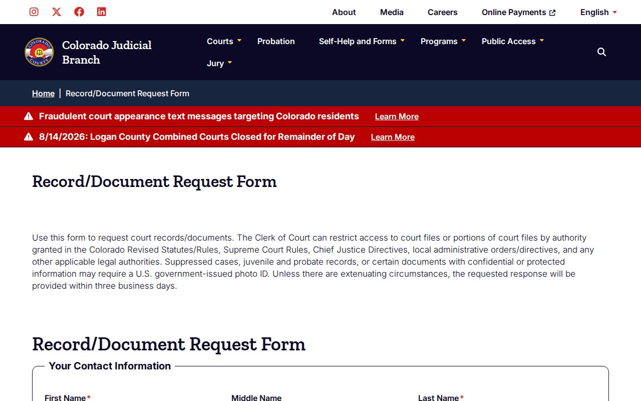 Garfield County docket search record and document request form
