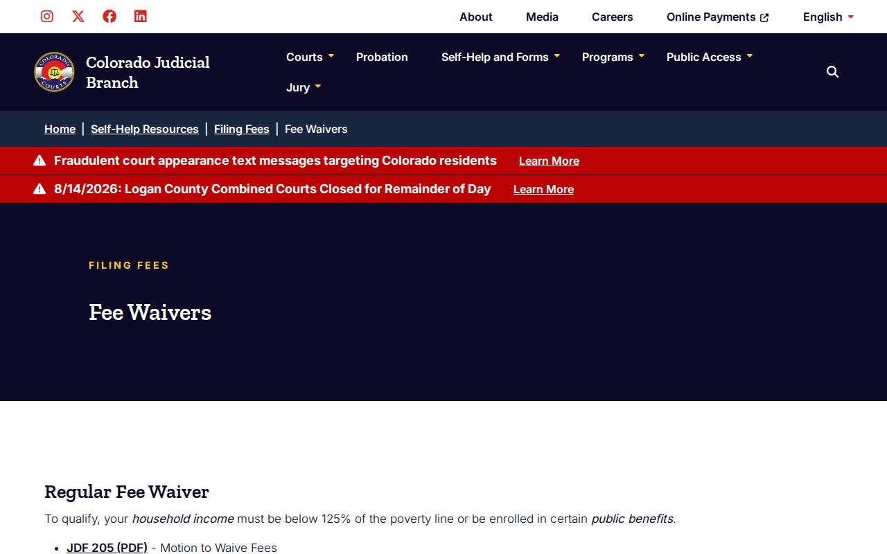 Garfield County traffic court fee waiver information